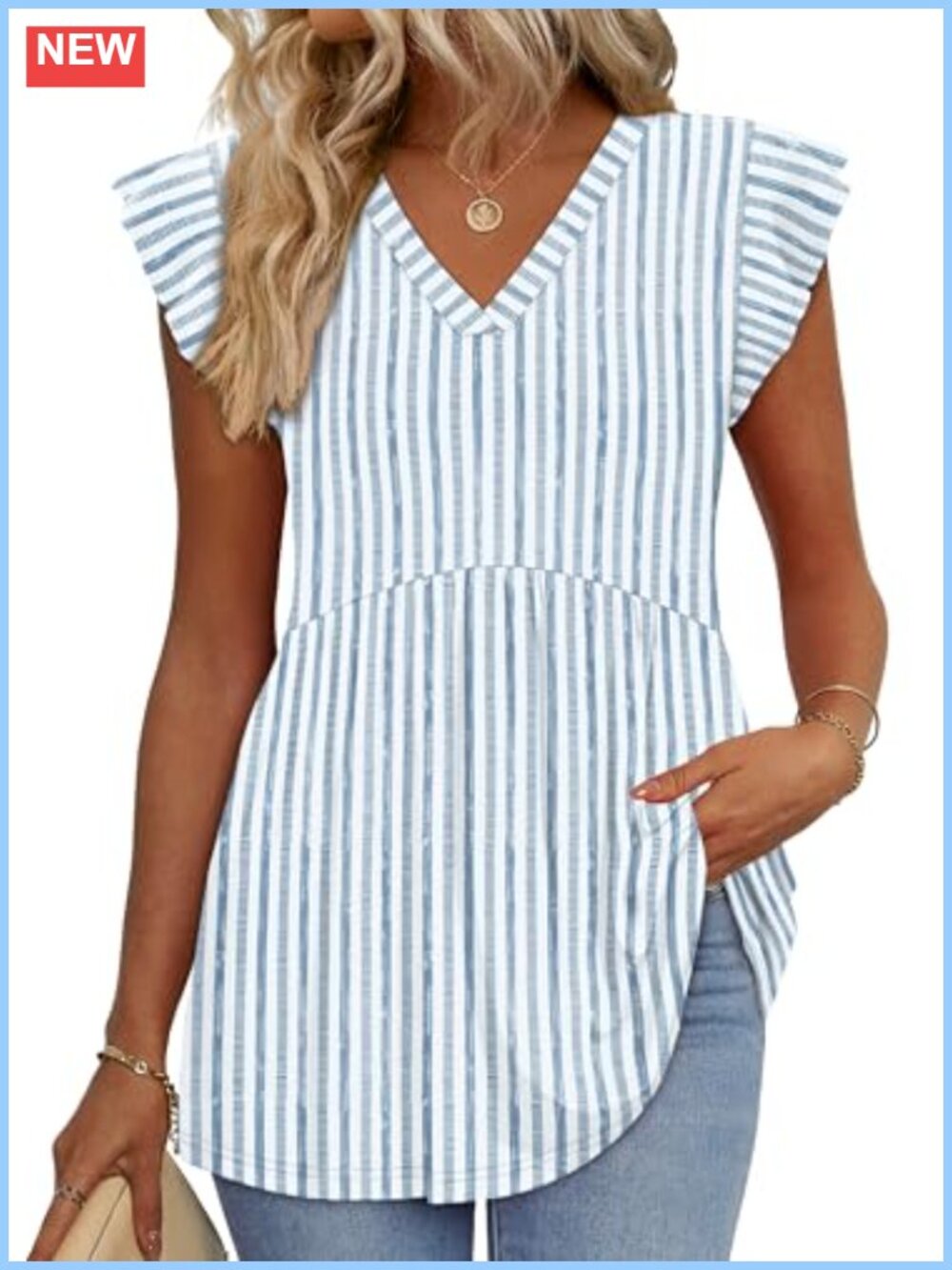 Womens Babydoll Top Ruffle Sleeve V Neck Flowy Blouse Summer Casual